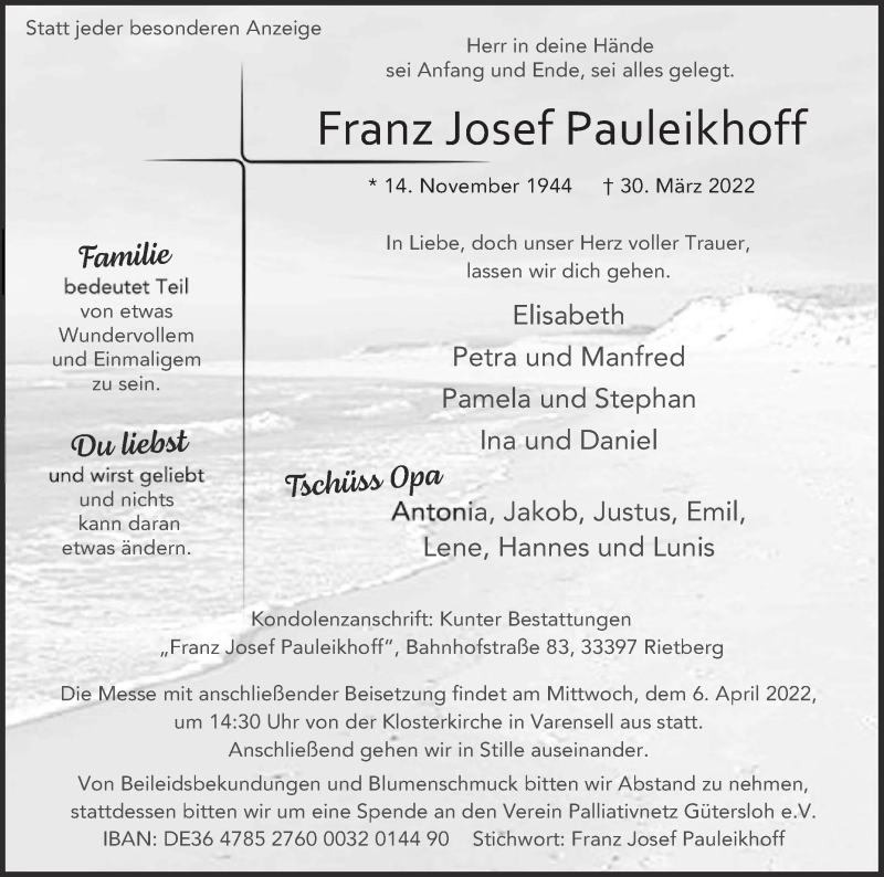  Traueranzeige für Franz Josef Pauleikhoff vom 02.04.2022 aus Die Glocke