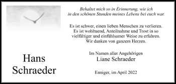 Traueranzeige von Hans Schraeder von Die Glocke