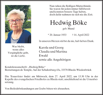 Traueranzeige von Hedwig Böke von Die Glocke