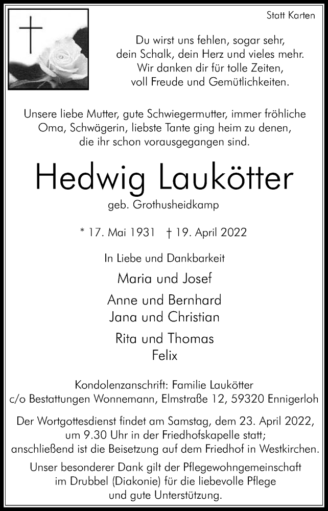  Traueranzeige für Hedwig Laukötter vom 22.04.2022 aus Die Glocke