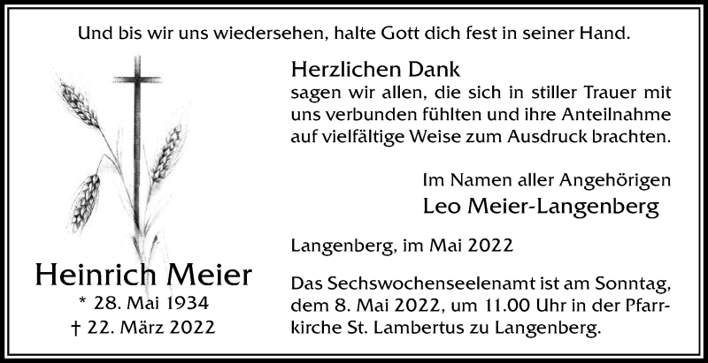  Traueranzeige für Heinrich Meier vom 30.04.2022 aus Die Glocke