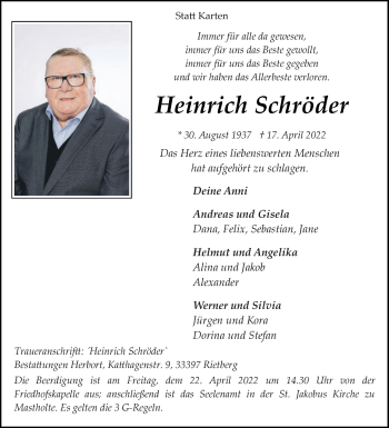 Traueranzeige von Heinrich Schröder von Die Glocke