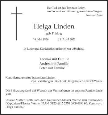 Traueranzeige von Helga Linden von Die Glocke