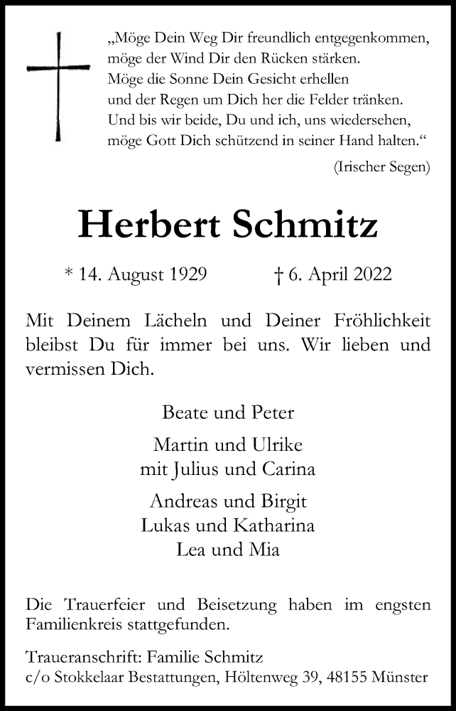  Traueranzeige für Herbert Schmitz vom 21.04.2022 aus Die Glocke
