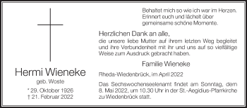 Traueranzeige von Hermi Wieneke von Die Glocke