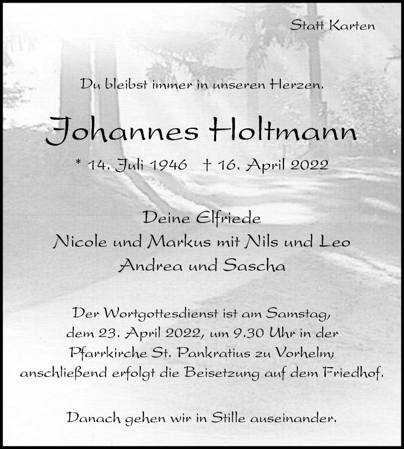  Traueranzeige für Johannes Holtmann vom 20.04.2022 aus Die Glocke