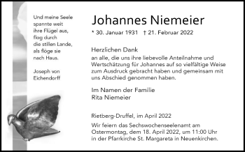 Traueranzeige von Johannes Niemeier von Die Glocke