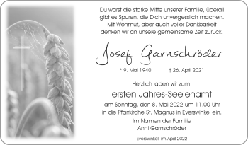 Traueranzeige von Josef Garnschröder von Die Glocke