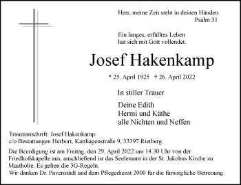 Traueranzeige von Josef Hakenkamp von Die Glocke