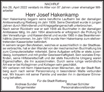 Traueranzeige von Josef Hakenkamp von Die Glocke