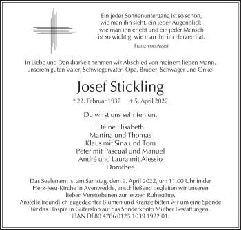 Traueranzeige von Josef Stickling von Die Glocke