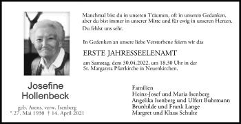 Traueranzeige von Josefine Hollenbeck von Die Glocke