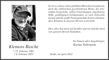 Traueranzeige von Klemens Rasche von Die Glocke