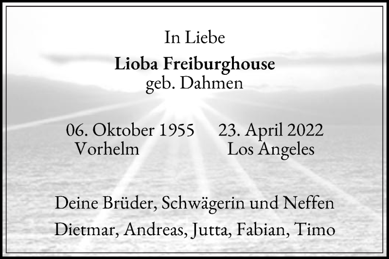 Traueranzeige für Lioba Freiburghouse vom 30.04.2022 aus Die Glocke