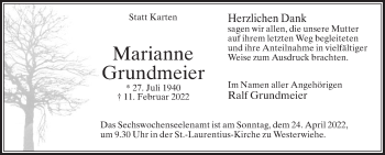 Traueranzeige von Marianne Grundmeier von Die Glocke