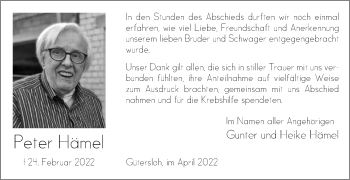 Traueranzeige von Peter Hämel von Die Glocke