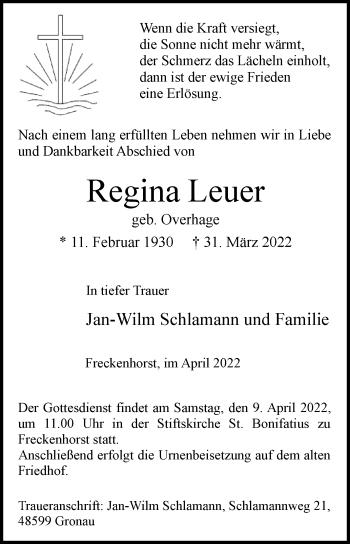 Traueranzeige von Regina Leuer von Die Glocke