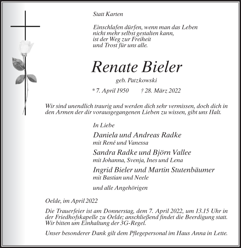  Traueranzeige für Renate Bieler vom 02.04.2022 aus Die Glocke