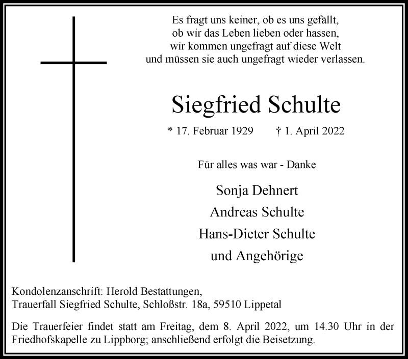  Traueranzeige für Siegfried Schulte vom 06.04.2022 aus Die Glocke