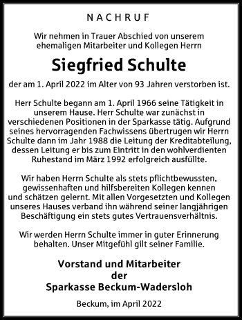 Traueranzeige von Siegfried Schulte von Die Glocke