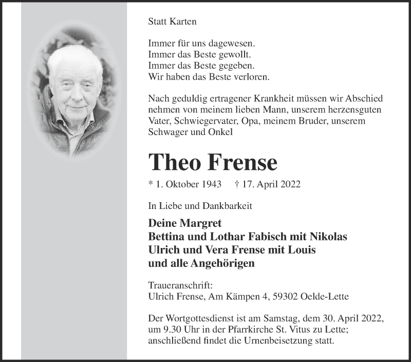  Traueranzeige für Theo Frense vom 23.04.2022 aus Die Glocke