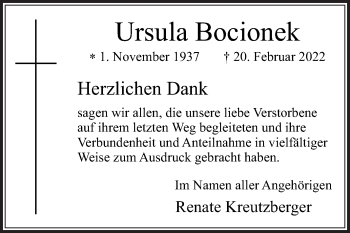 Traueranzeige von Ursula Bocionek von Die Glocke