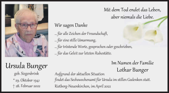 Traueranzeige von Ursula Bunger von Die Glocke