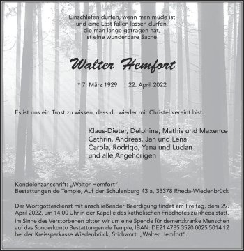 Traueranzeige von Walter Hemfort von Die Glocke