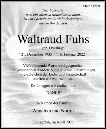 Traueranzeige von Waltraud Fuhs von Die Glocke