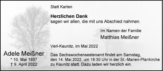 Traueranzeige von Adele Meißner von Die Glocke