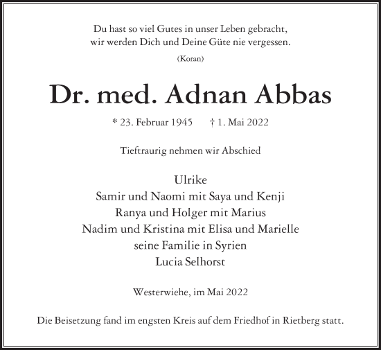 Traueranzeige von Adnan Abbas von Die Glocke