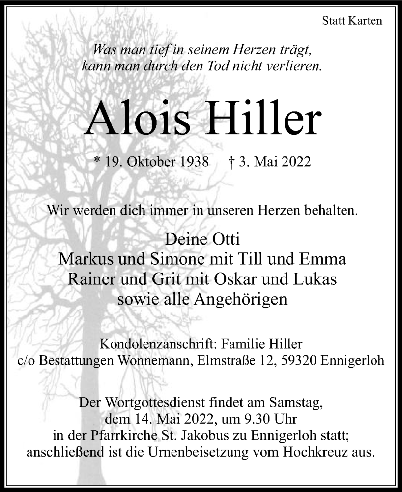  Traueranzeige für Alois Hiller vom 07.05.2022 aus Die Glocke