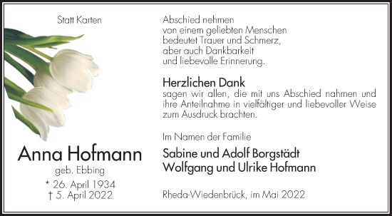 Traueranzeige von Anna Hofmann von Die Glocke