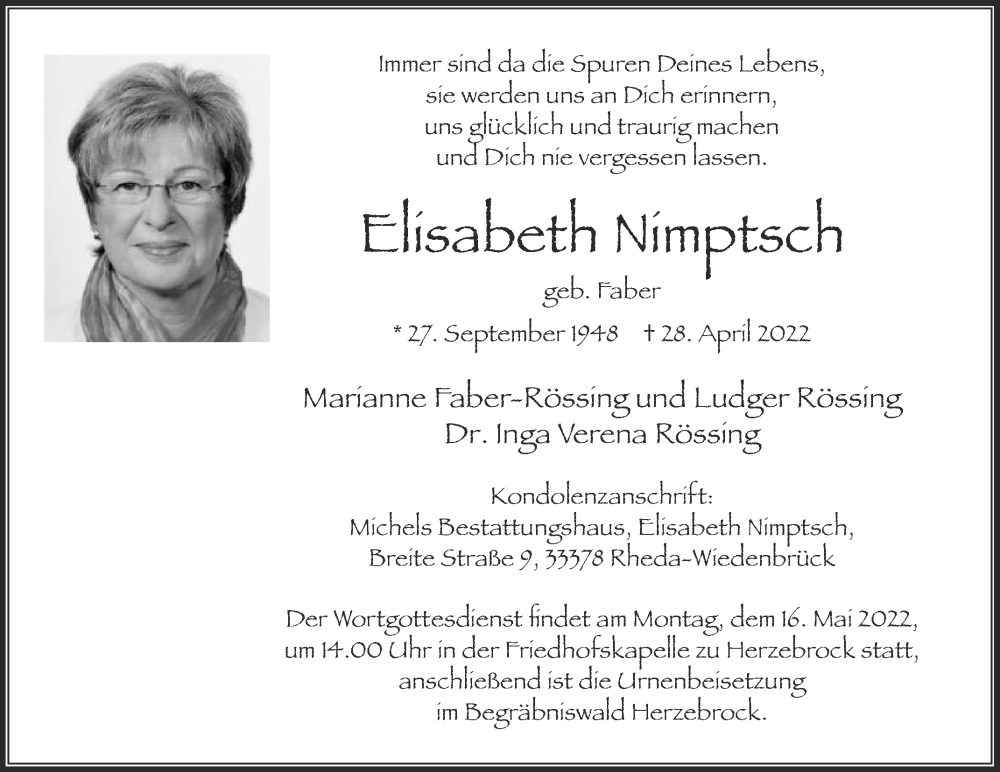 Traueranzeige für Elisabeth Nimptsch vom 07.05.2022 aus Die Glocke
