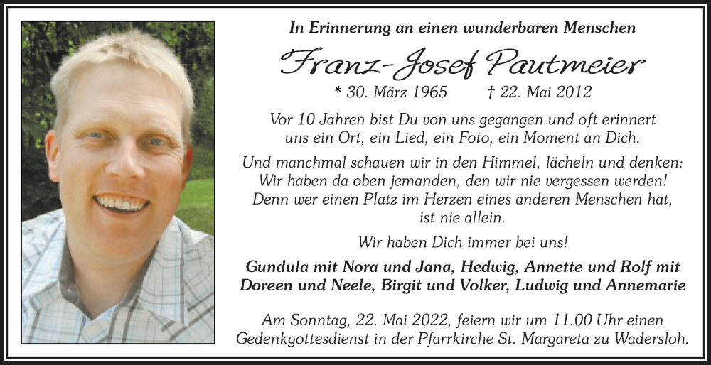  Traueranzeige für Franz-Josef Pautmeier vom 18.05.2022 aus Die Glocke