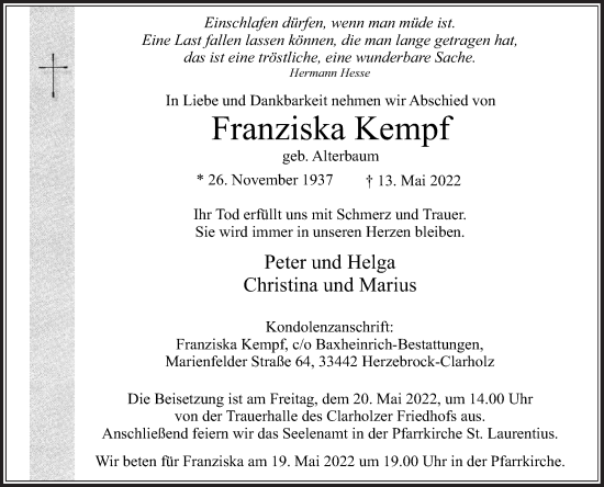 Traueranzeige von Franziska Kempf von Die Glocke