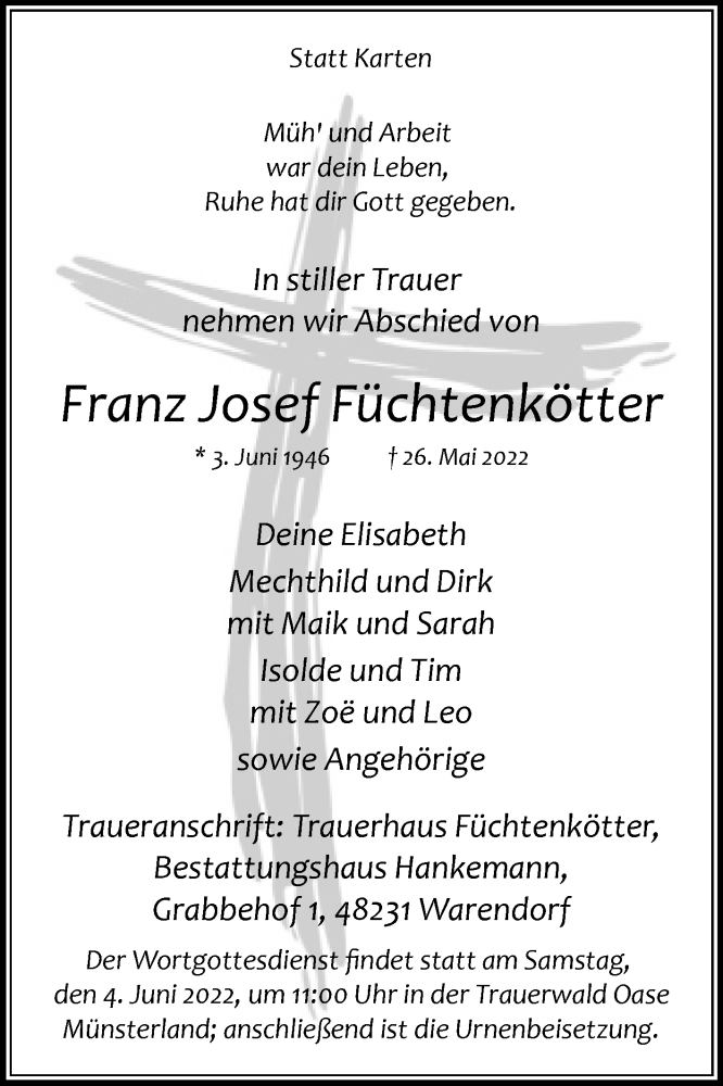  Traueranzeige für Franz Josef Füchtenkötter vom 31.05.2022 aus Die Glocke