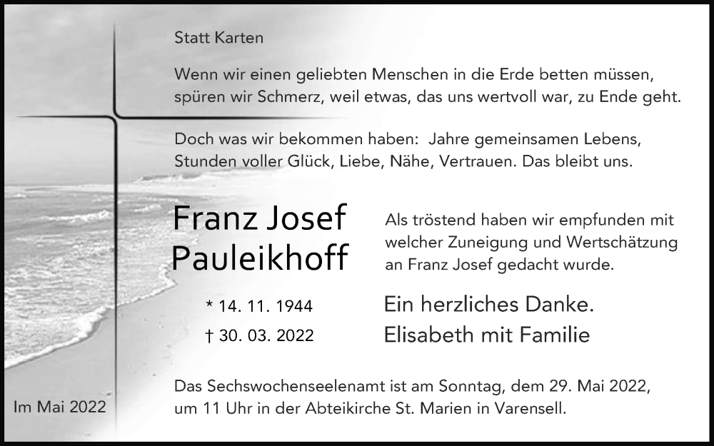  Traueranzeige für Franz Josef Pauleikhoff vom 25.05.2022 aus Die Glocke