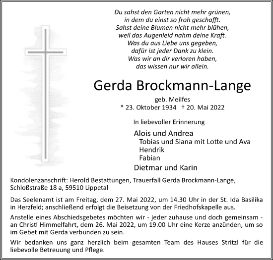 Traueranzeige von Gerda Brockmann-Lange von Die Glocke