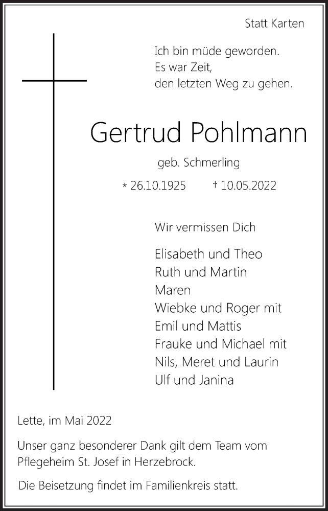  Traueranzeige für Gertrud Pohlmann vom 21.05.2022 aus Die Glocke
