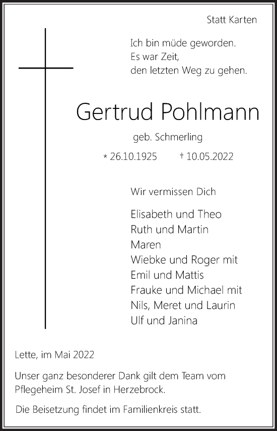 Traueranzeige von Gertrud Pohlmann von Die Glocke