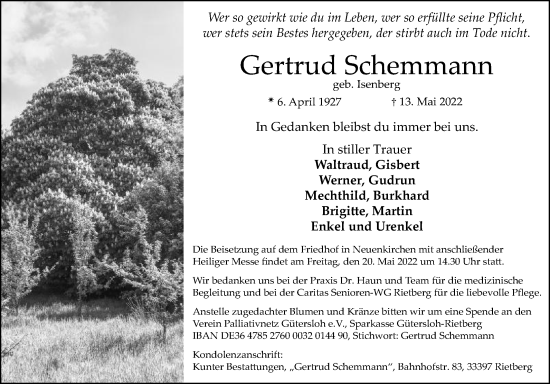 Traueranzeige von Gertrud Schemmann von Die Glocke