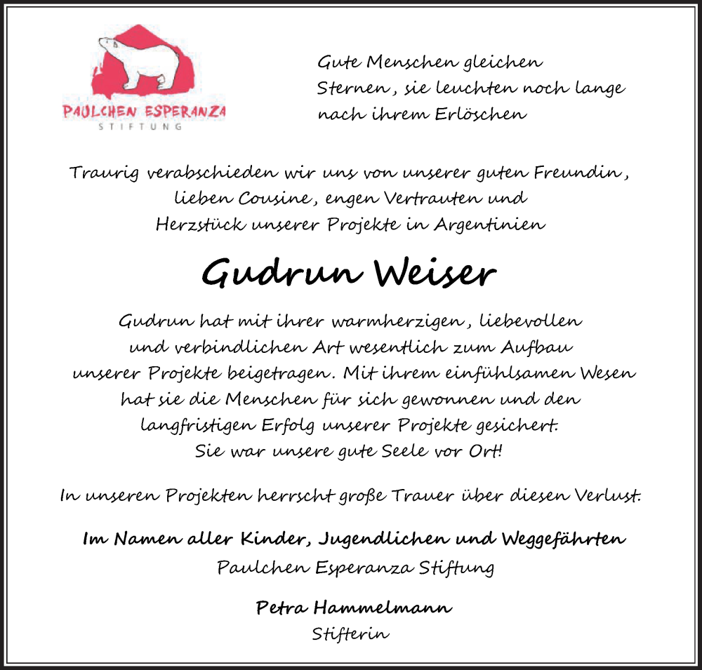  Traueranzeige für Gudrun Weiser vom 21.05.2022 aus Die Glocke
