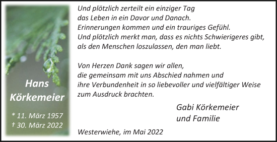 Traueranzeige von Hans Körkemeier von Die Glocke