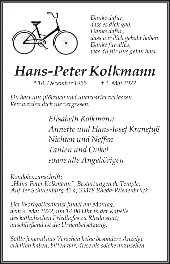 Traueranzeige von Hans-Peter Kolkmann von Die Glocke