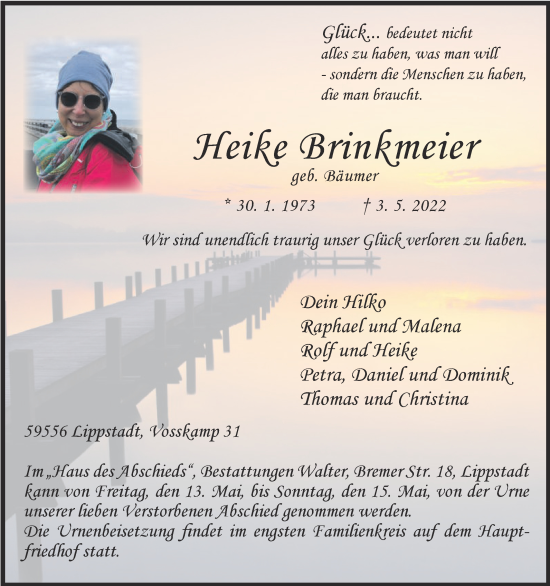 Traueranzeige von Heike Brinkmeier von Die Glocke