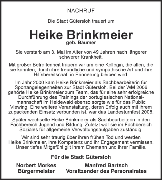 Traueranzeige von Heike Brinkmeier von Die Glocke