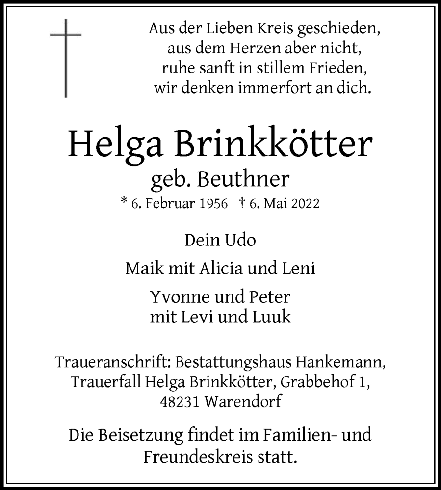  Traueranzeige für Helga Brinkkötter vom 10.05.2022 aus Die Glocke