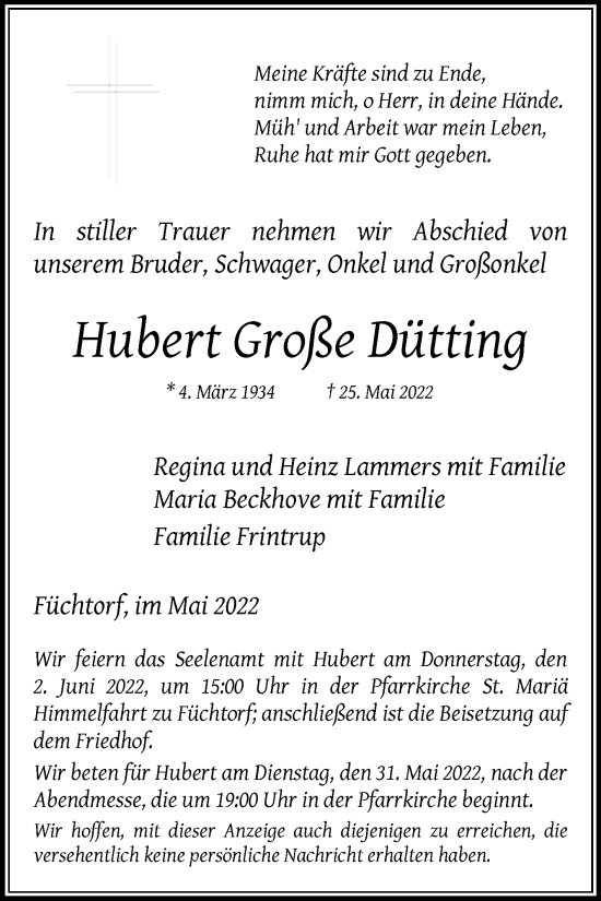 Traueranzeige von Hubert Große Dütting von Die Glocke