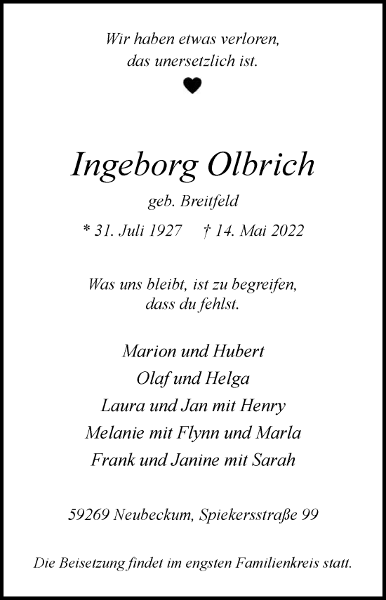 Traueranzeige von Ingeborg Olbrich von Die Glocke